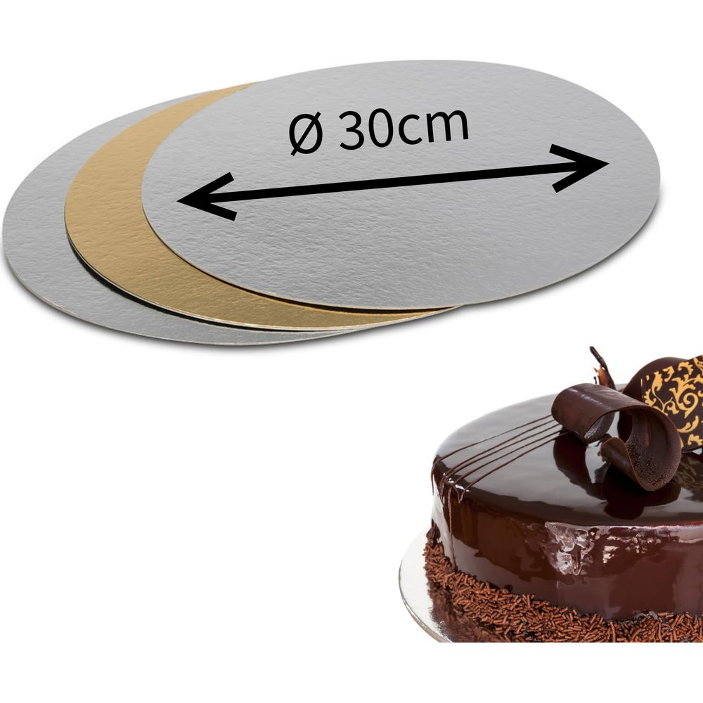 Trzy okrągłe podkłady do tortów srebrne i złote, jeden o średnicy 30cm.