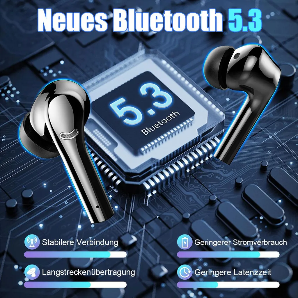 Neues Bluetooth 5.3 mit zwei Ohrhörern, die auf einer Leiterplatte mit Funktionen angezeigt werden.