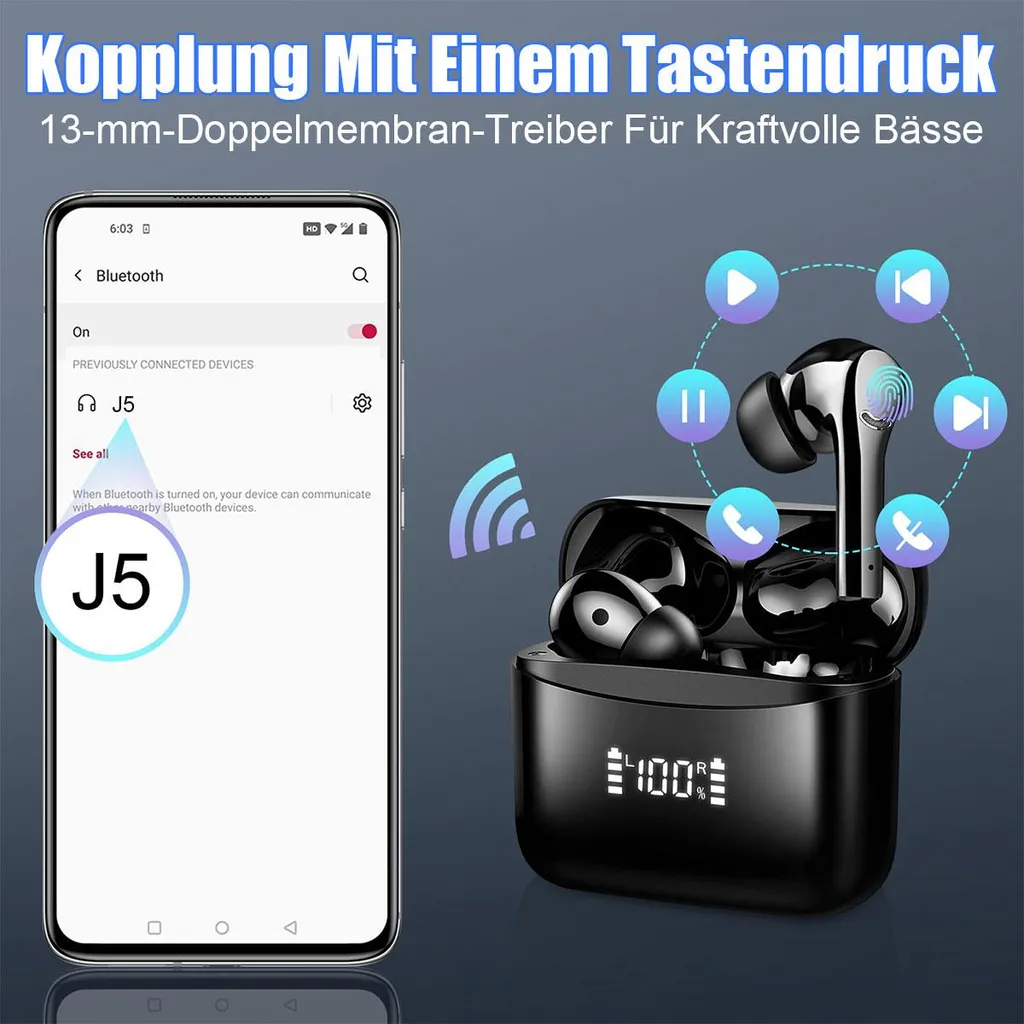 Schwarze kabellose Kopfhörer mit Ladecase und Smartphone, das Bluetooth anzeigt.