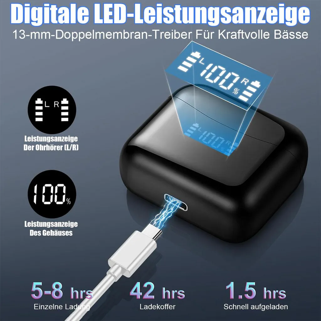 Schwarzes Ladecase mit blauem LED-Display, das den Ladestatus anzeigt.
