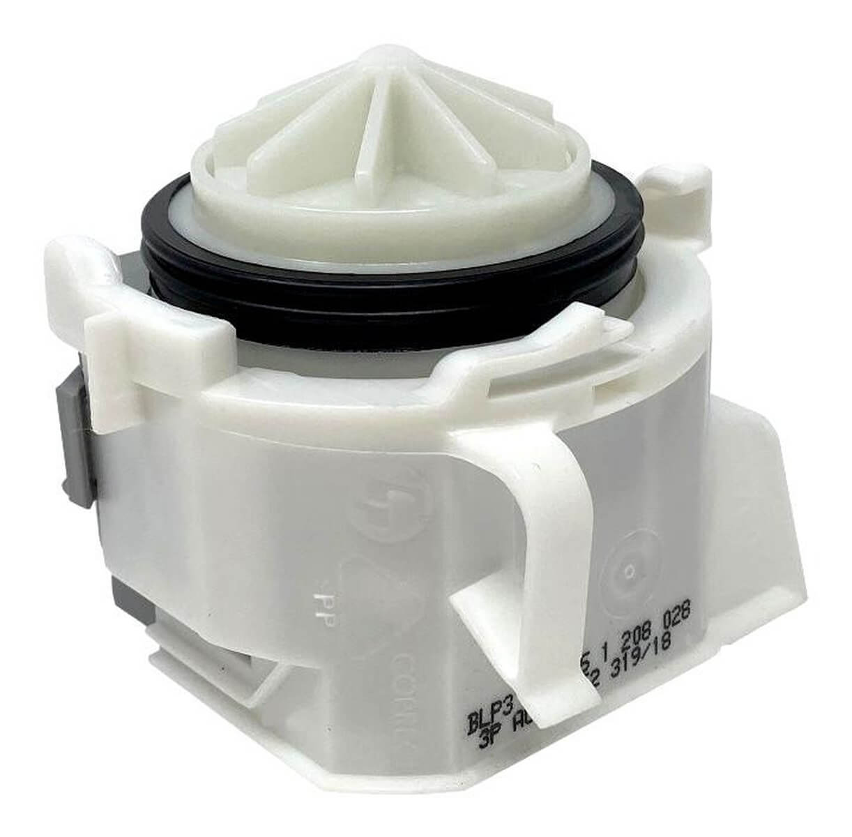 Ein weißer Pumpenmotor mit schwarzem Dichtungsring und einem konischen Oberteil.