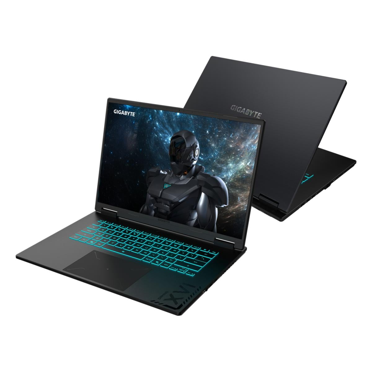 Schwarzer Laptop mit beleuchteter Tastatur und Sci-Fi-Hintergrundbild.
