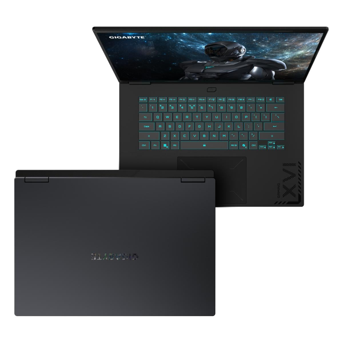 Schwarzer Laptop mit beleuchteter Tastatur und Bildschirmanzeige mit Weltraumthema.