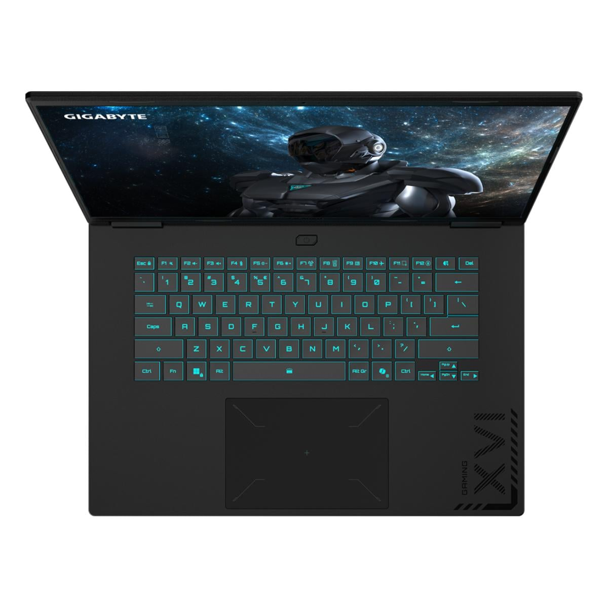 Ein offener schwarzer Laptop mit beleuchteter Tastatur und Weltraumhintergrund.