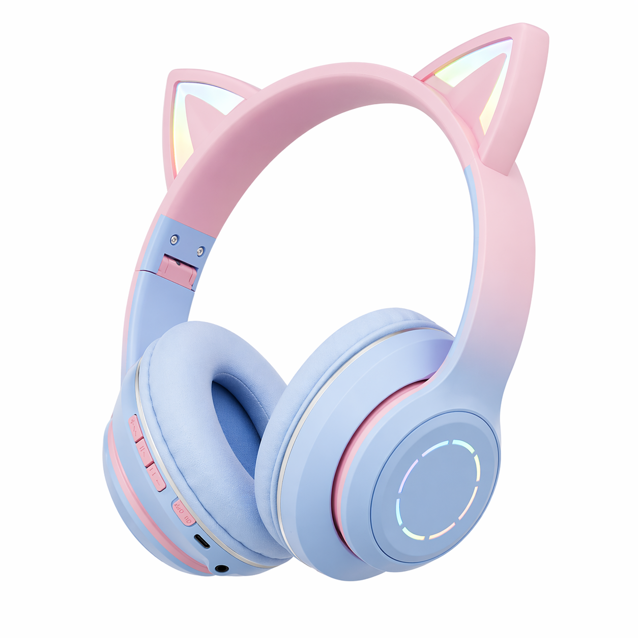 Blaue und rosa Kopfhörer mit Katzenohren und leuchtenden Ringen.