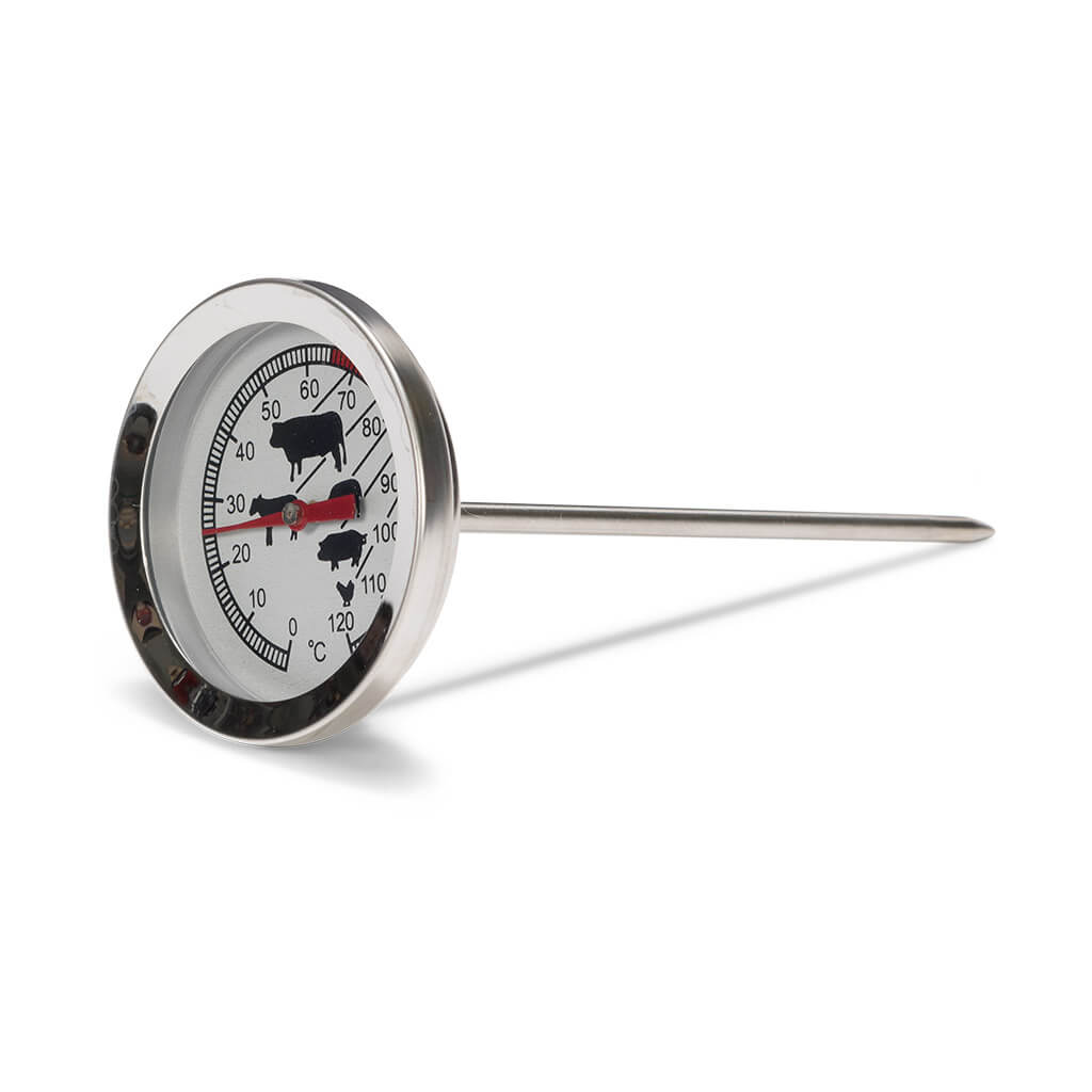 Okrągły termometr do mięsa z srebrną tarczą od 0-120°C.
