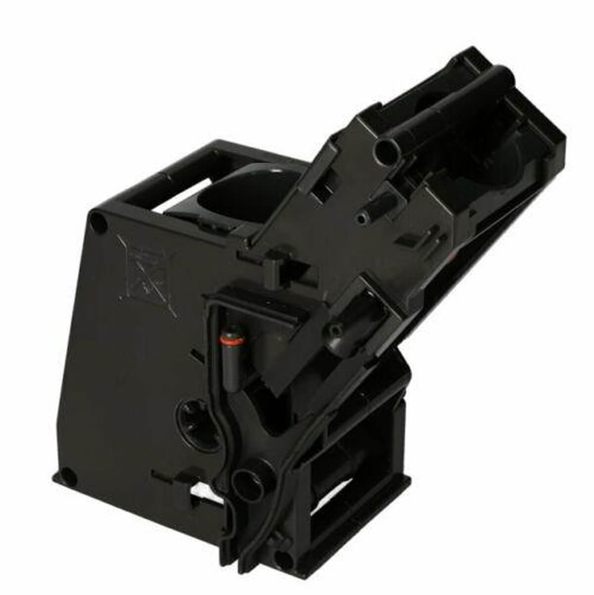 Ein schwarzer Plastikmechanismus mit beweglichen Teilen und einem roten Ring.