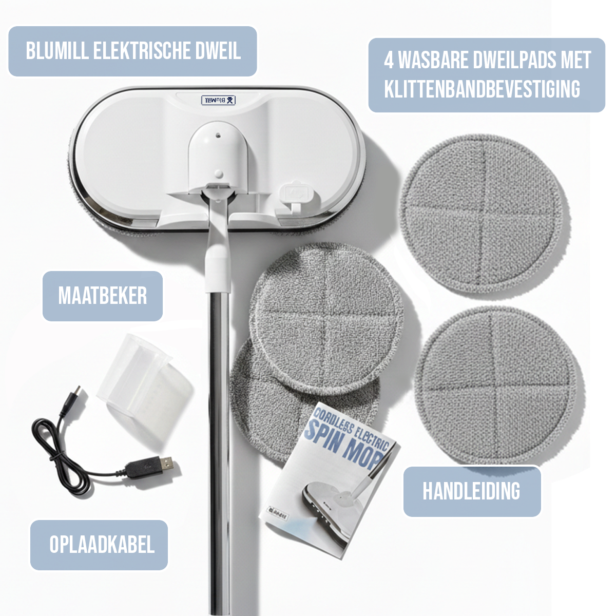 Electric spin mop with charging cable, measuring cup, and four washable mop pads.
