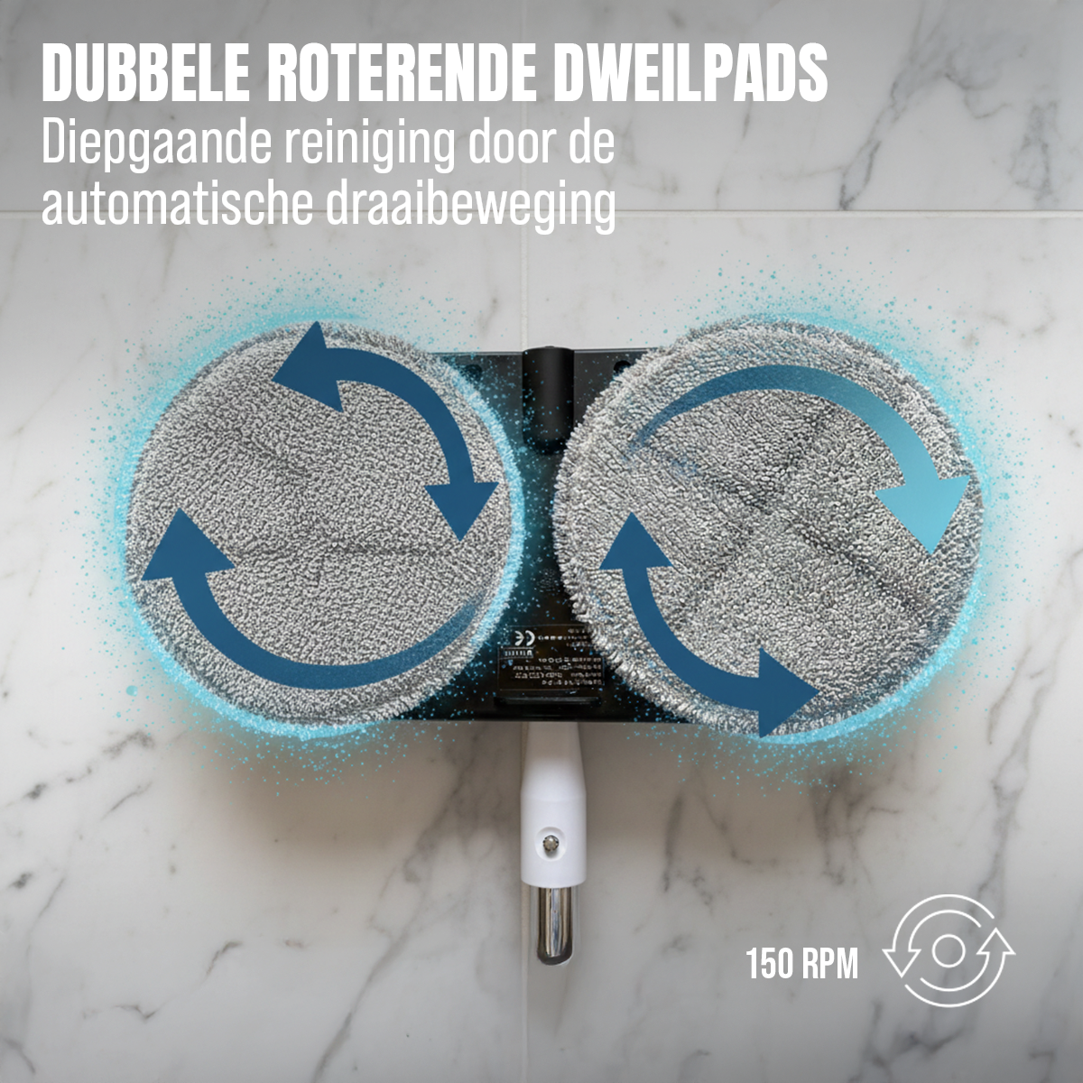 Double rotating mop pads with blue arrows, showing 150 RPM.