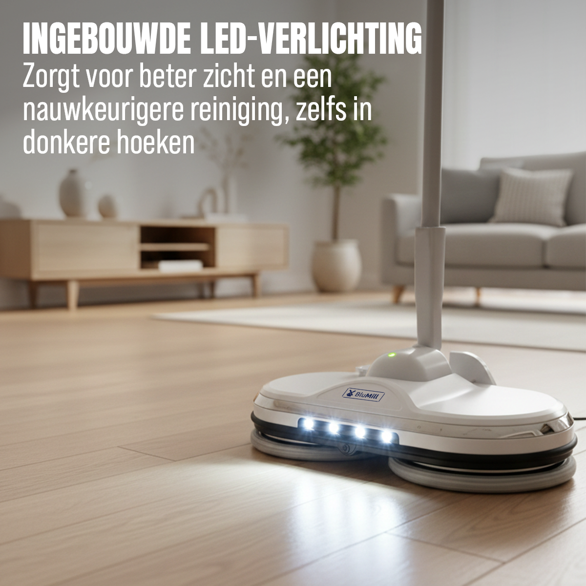 A white floor scrubber with LED lights cleans a wooden floor in a modern living room.