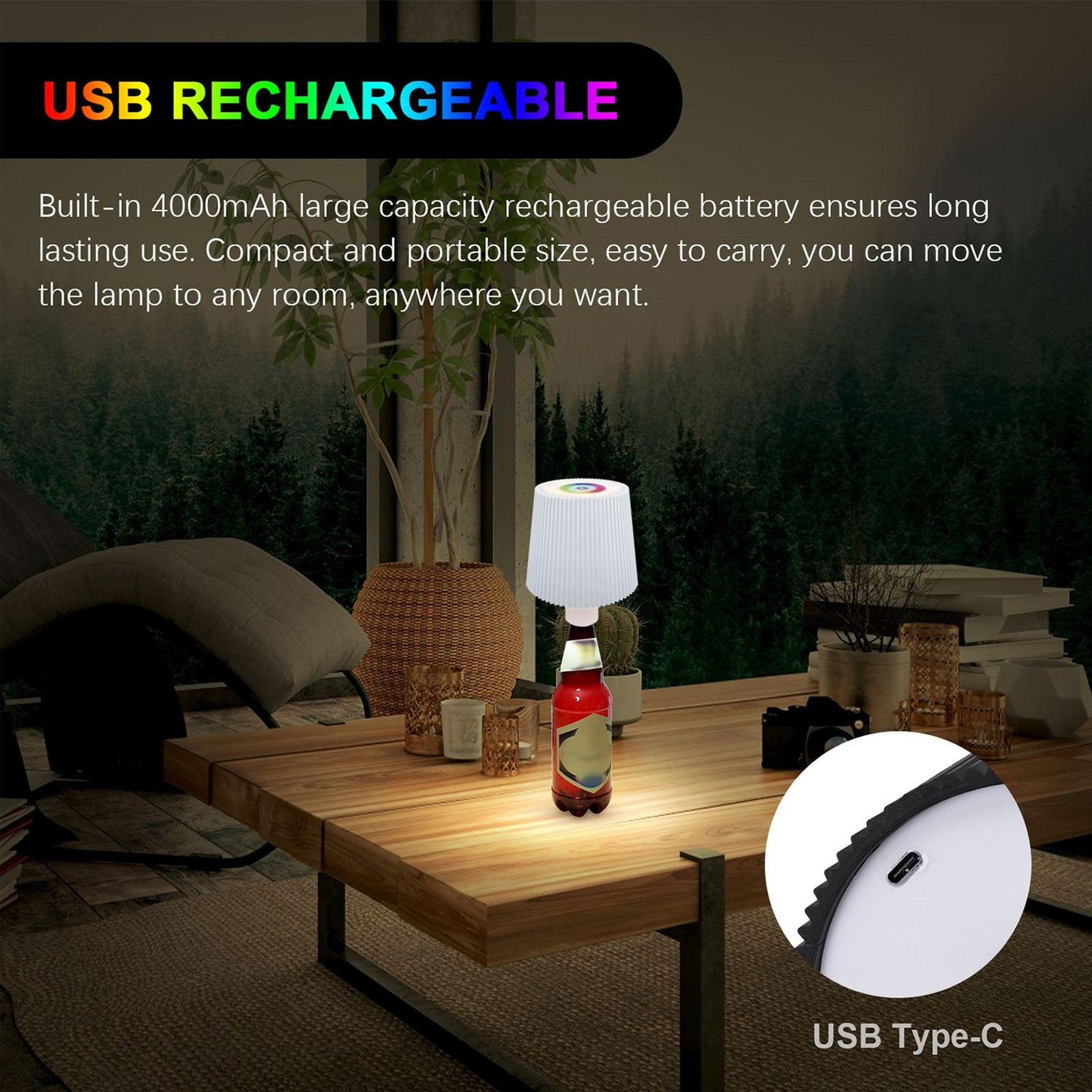 Eine Lampe auf einer Flasche auf einem Holztisch. USB-C-Anschluss sichtbar.