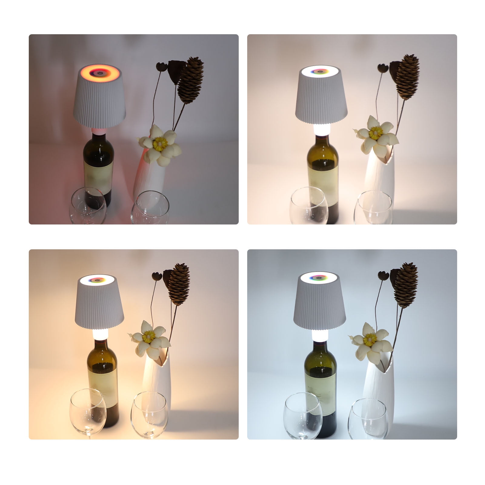 Lampe auf Weinflasche mit Gläsern und Vase mit Trockenblumen.