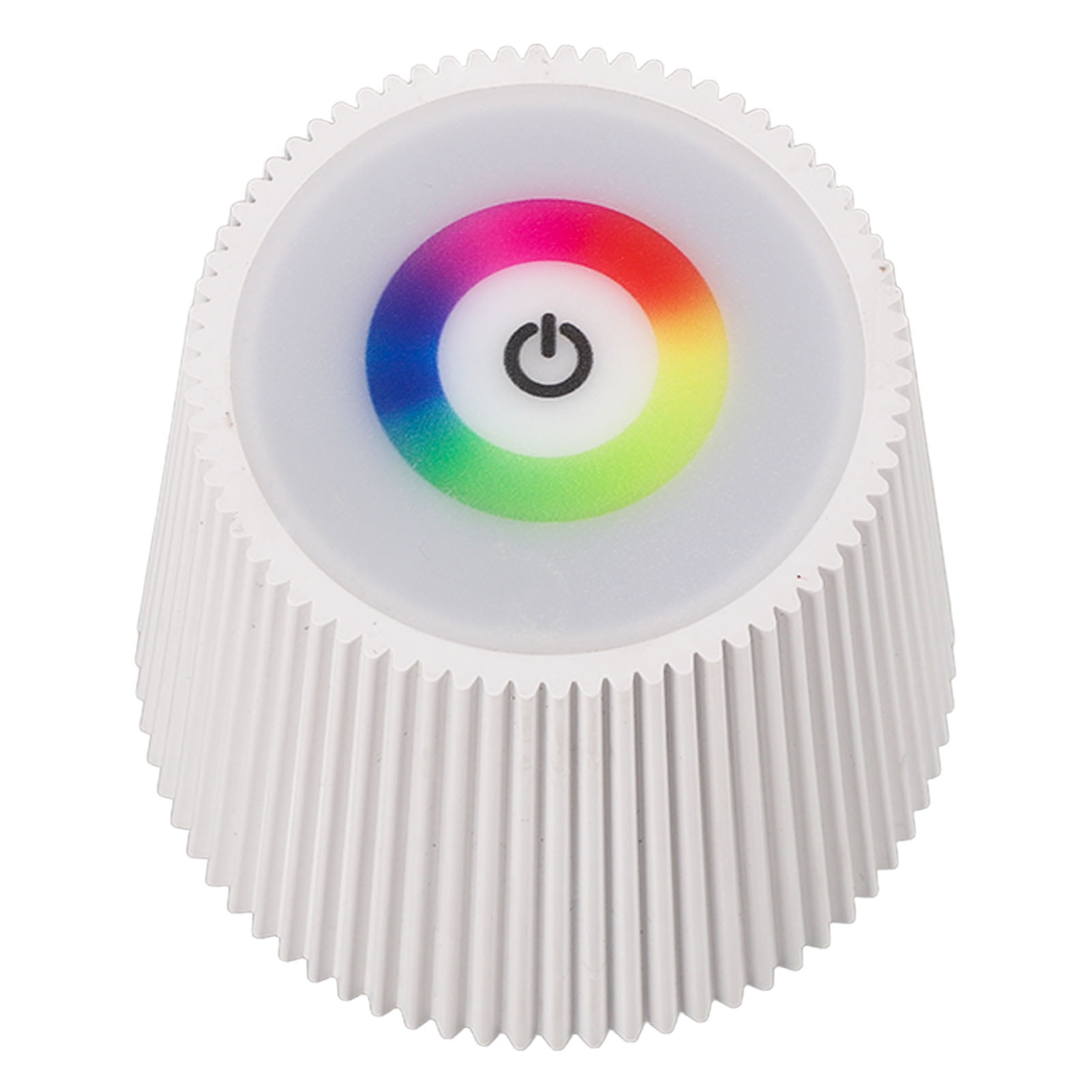 Eine weiße Lampe mit einem Farbkreis und einem Ein/Aus-Symbol.