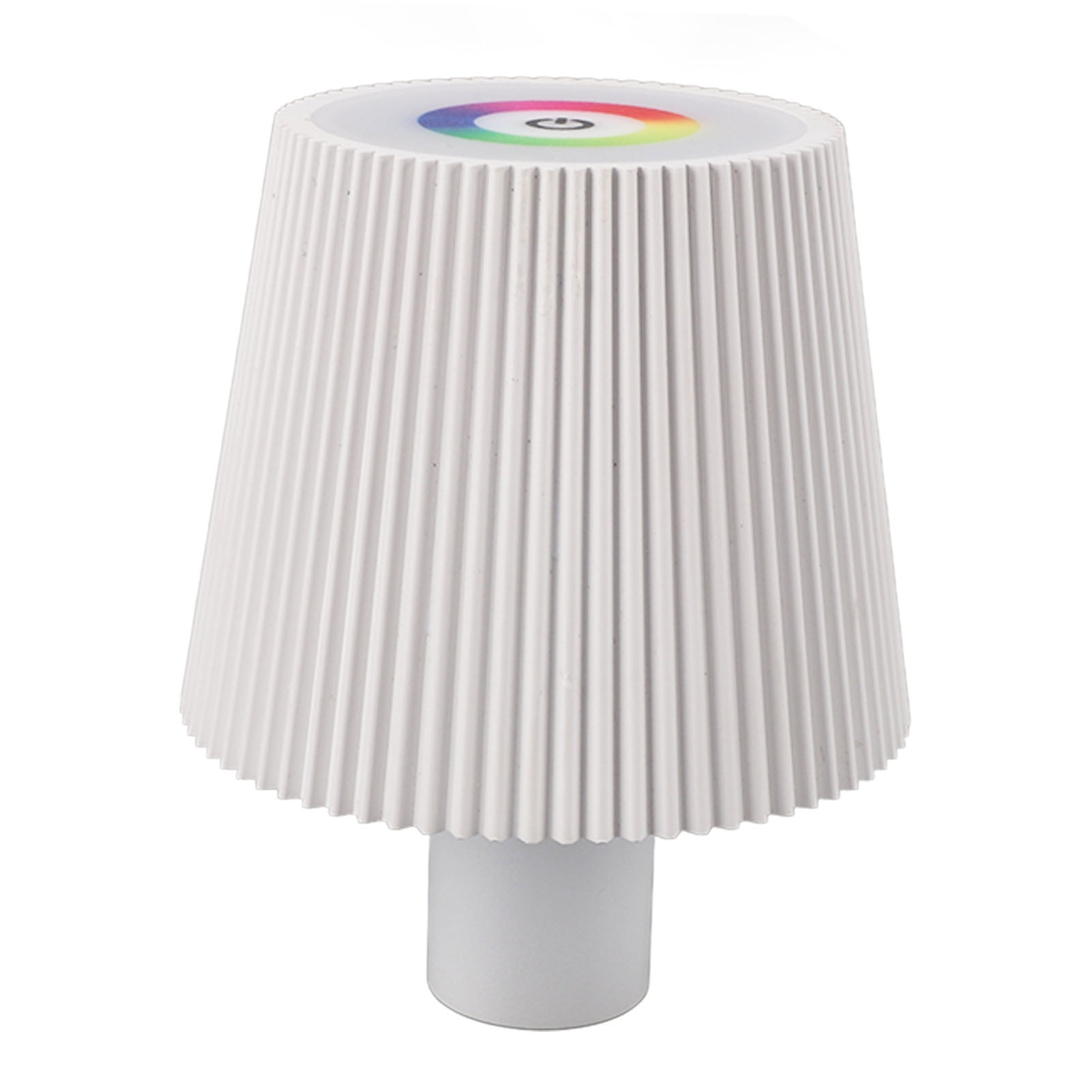 Eine weiße Lampe mit geripptem Schirm und Farbkreis-Ein/Aus-Symbol.