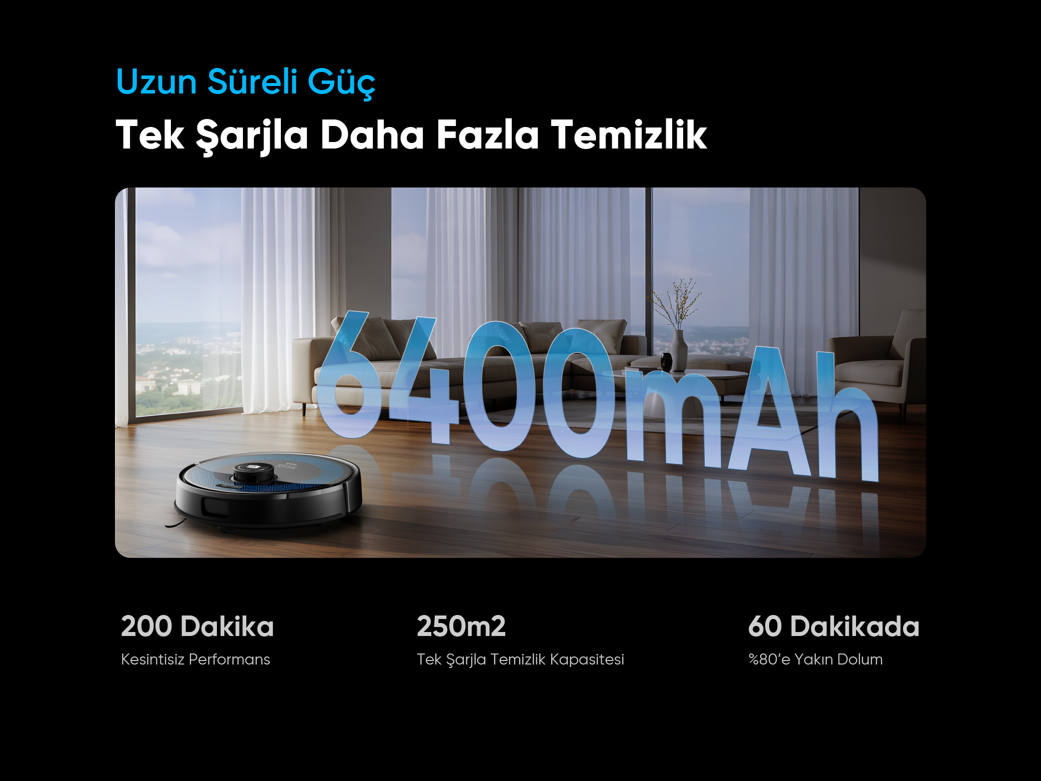 Büyük 6400mAh ekrana sahip robot süpürge ahşap zeminde.