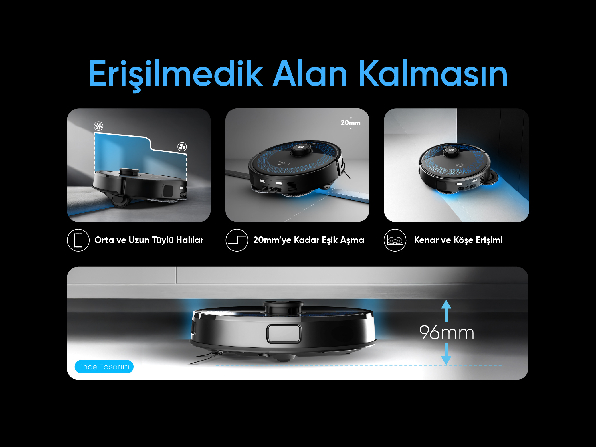 Halı süpüren robot, 20mm engelleri aşar ve 96mm mobilya altına sığar.