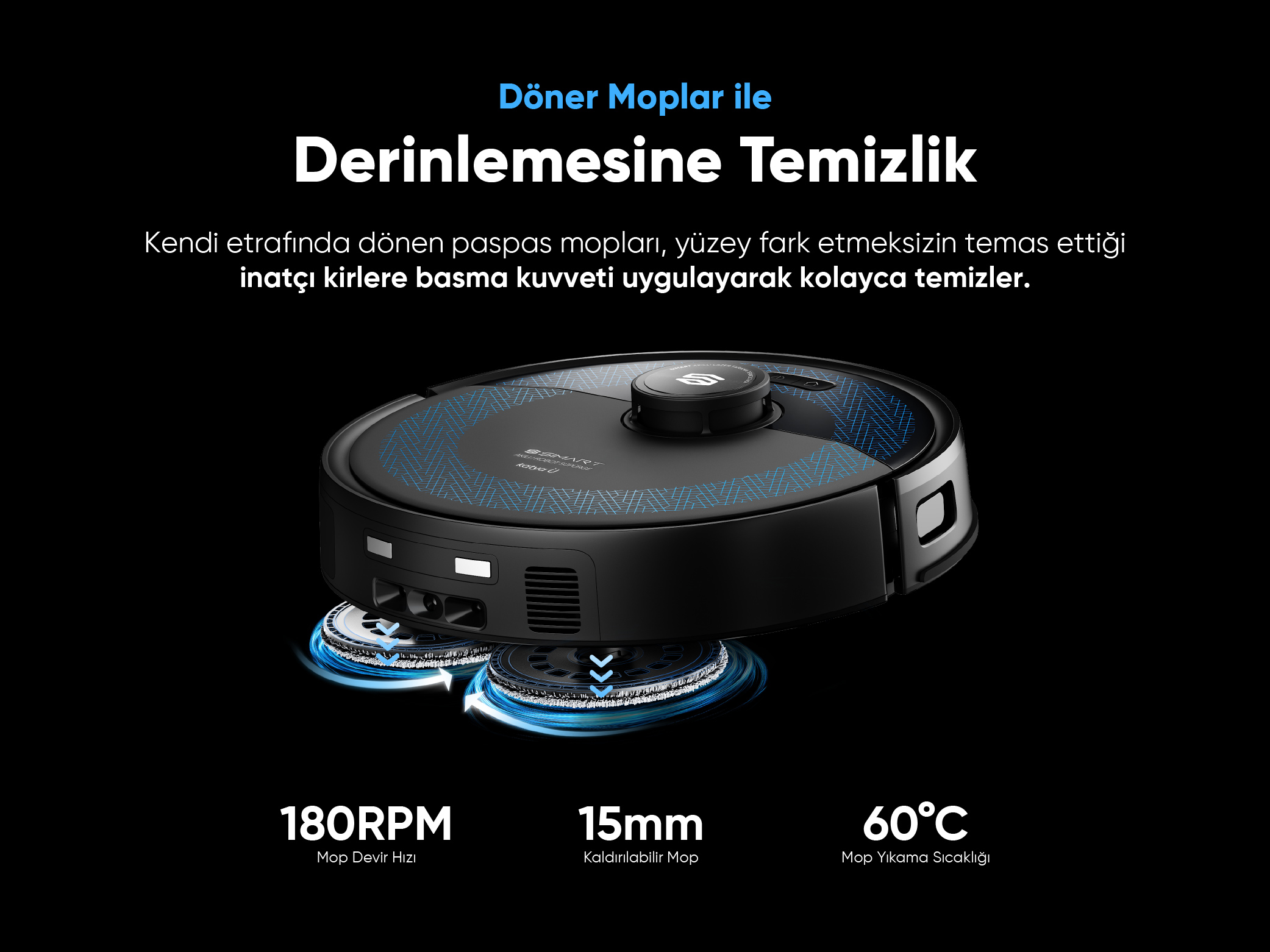 Siyah zeminde döner paspaslara sahip siyah robot süpürge.