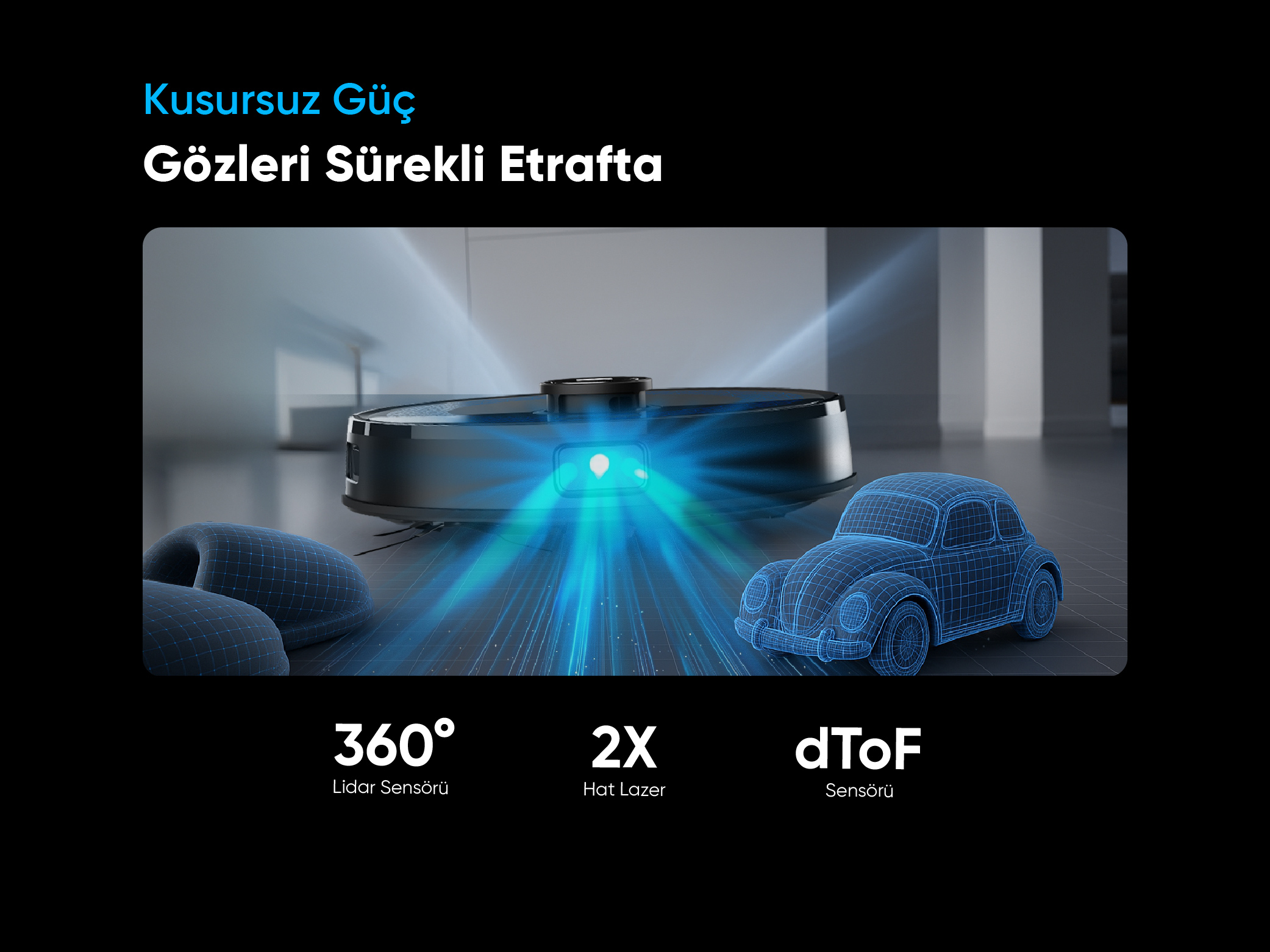 Mavi ışın demetlerine sahip robot süpürge, tel kafesli bir VW Beetle heykelini tarıyor.