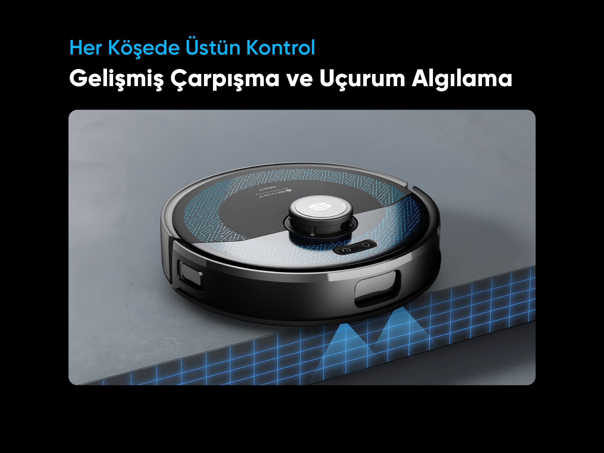 Mavi desenli siyah robot süpürge, gri yüzey üzerinde.