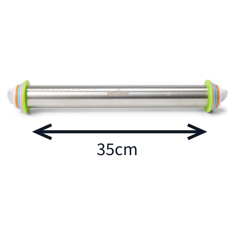 35-centymetrowy wałek do ciasta ze stali nierdzewnej z kolorowymi uchwytami i miarką.