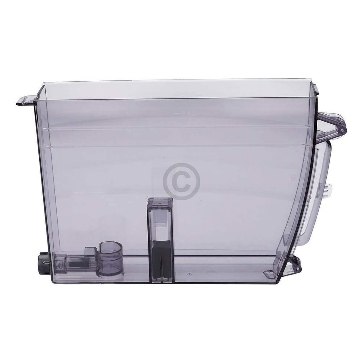 Ein transparenter grauer Plastik-Wassertank mit Griff und innenliegenden Markierungen.