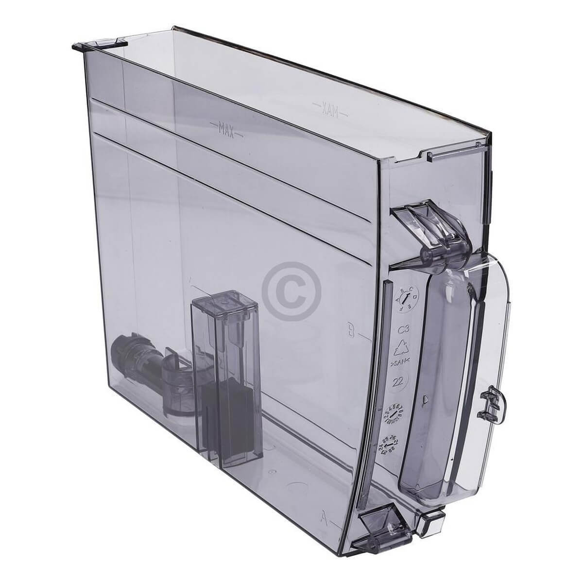 Transparenter Wassertank mit Markierungen für Maximalpegel und ein kleines Filtergehäuse.
