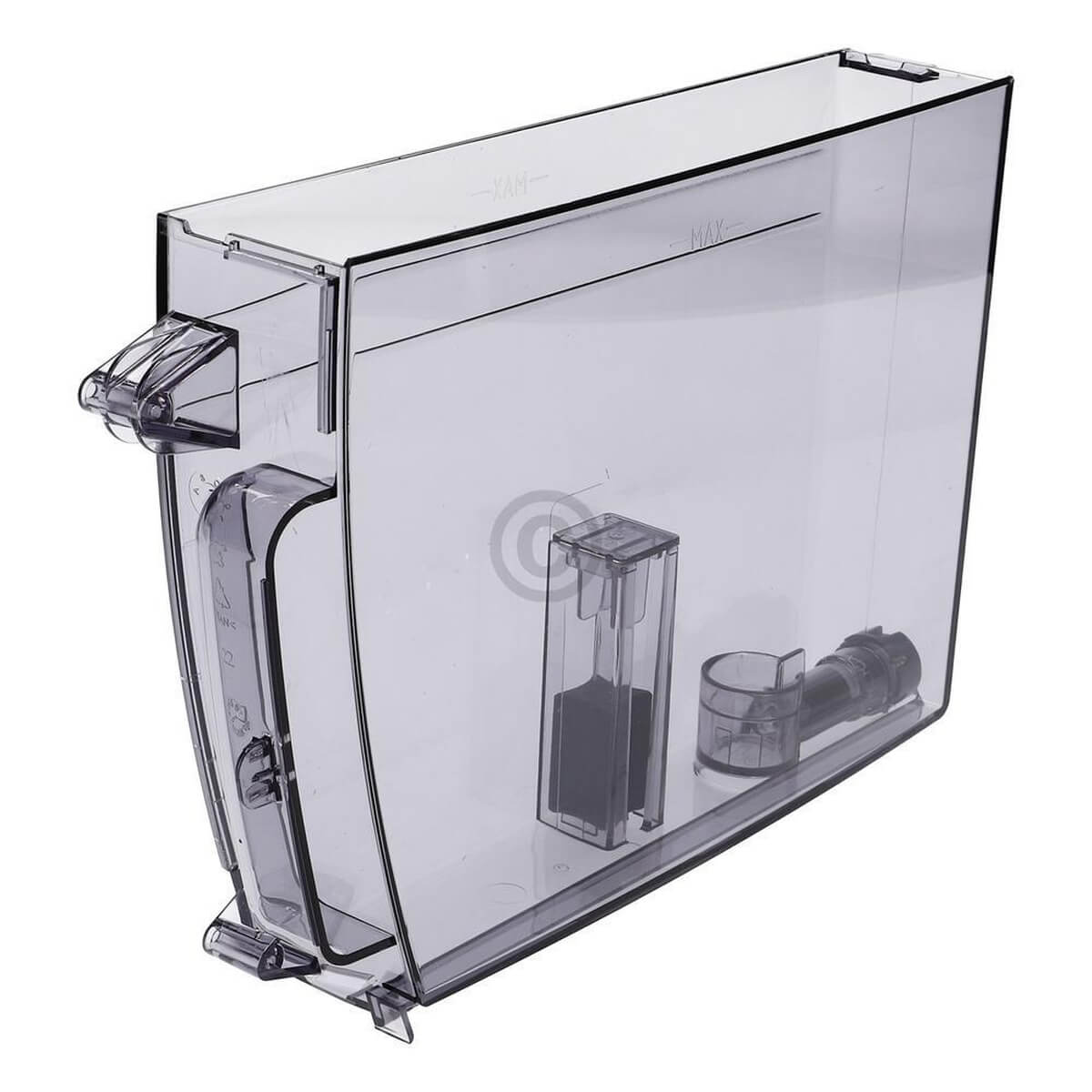 Transparenter Kunststoffbehälter mit Griffen und Füllstandsanzeigen.