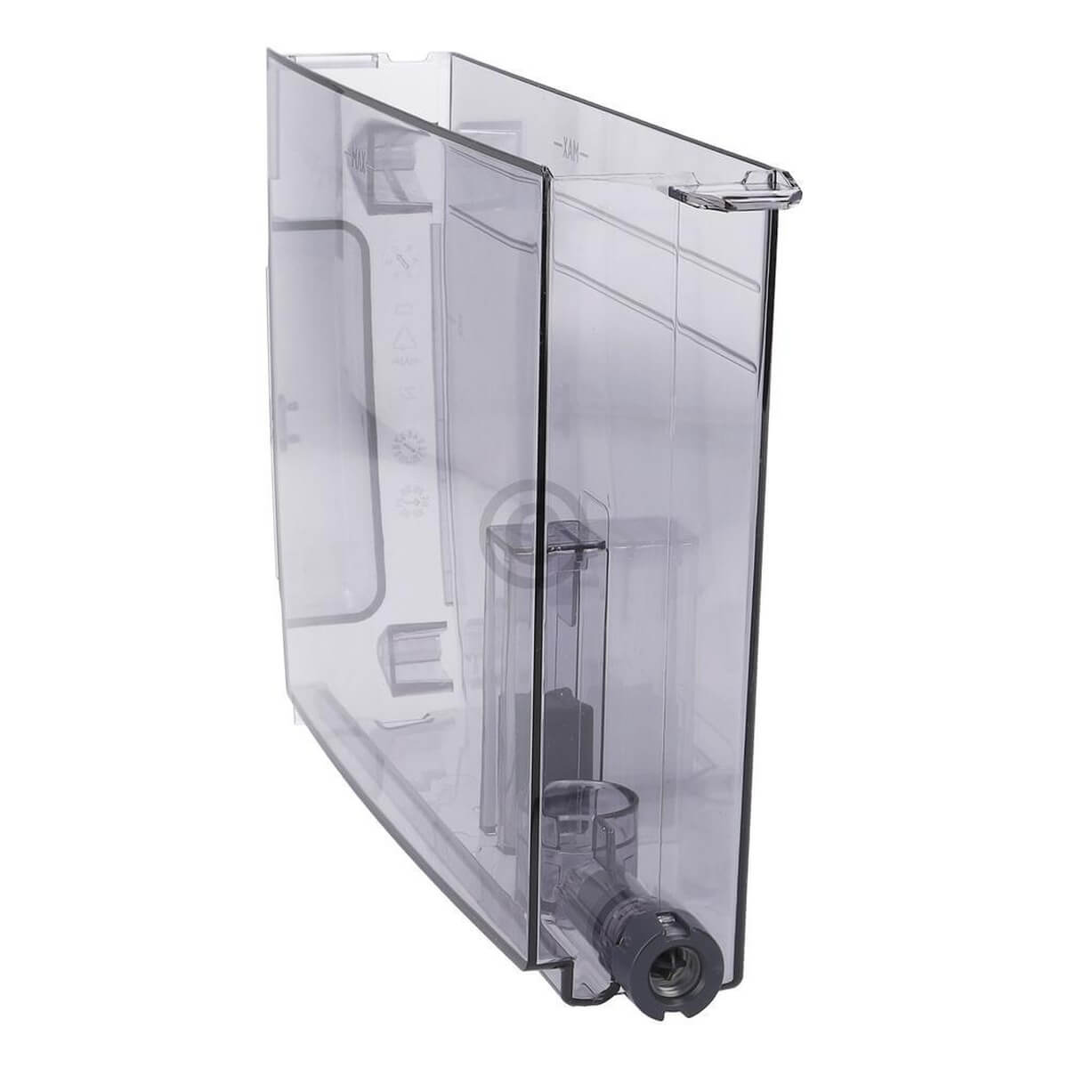 Transparenter Wassertank mit Markierungen und Auslassventil.