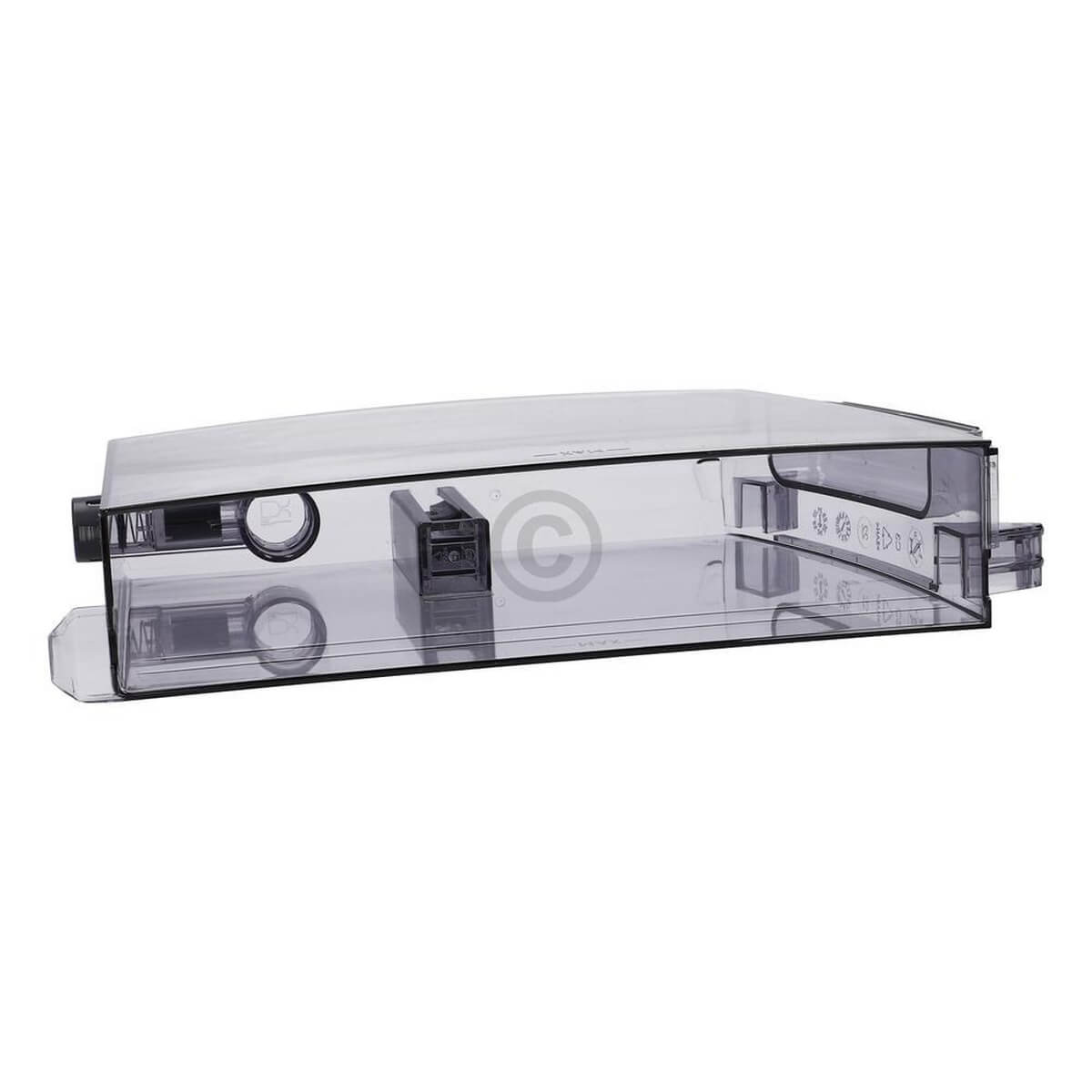 Transparenter Plastikbehälter mit silbernen Griffen und Einbauten.