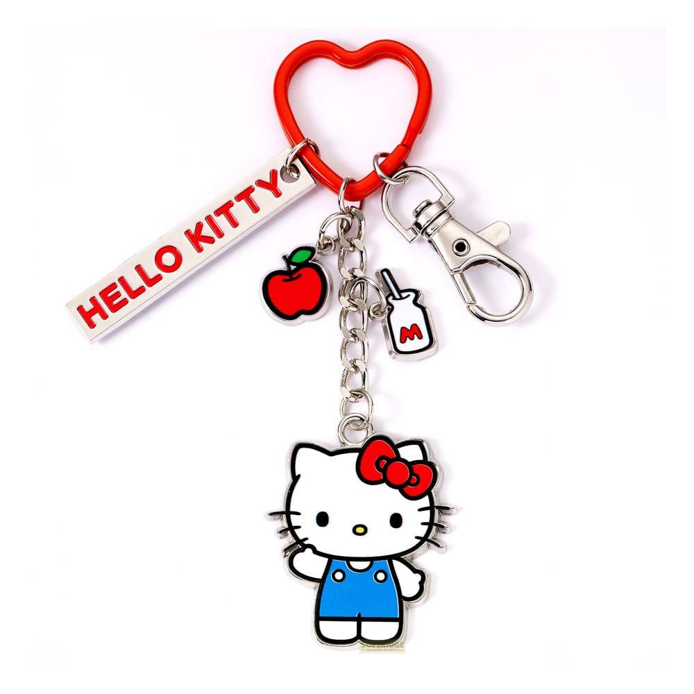Schlüsselanhänger mit Hello Kitty, Apfel und Milchflasche an einem roten Herzring.