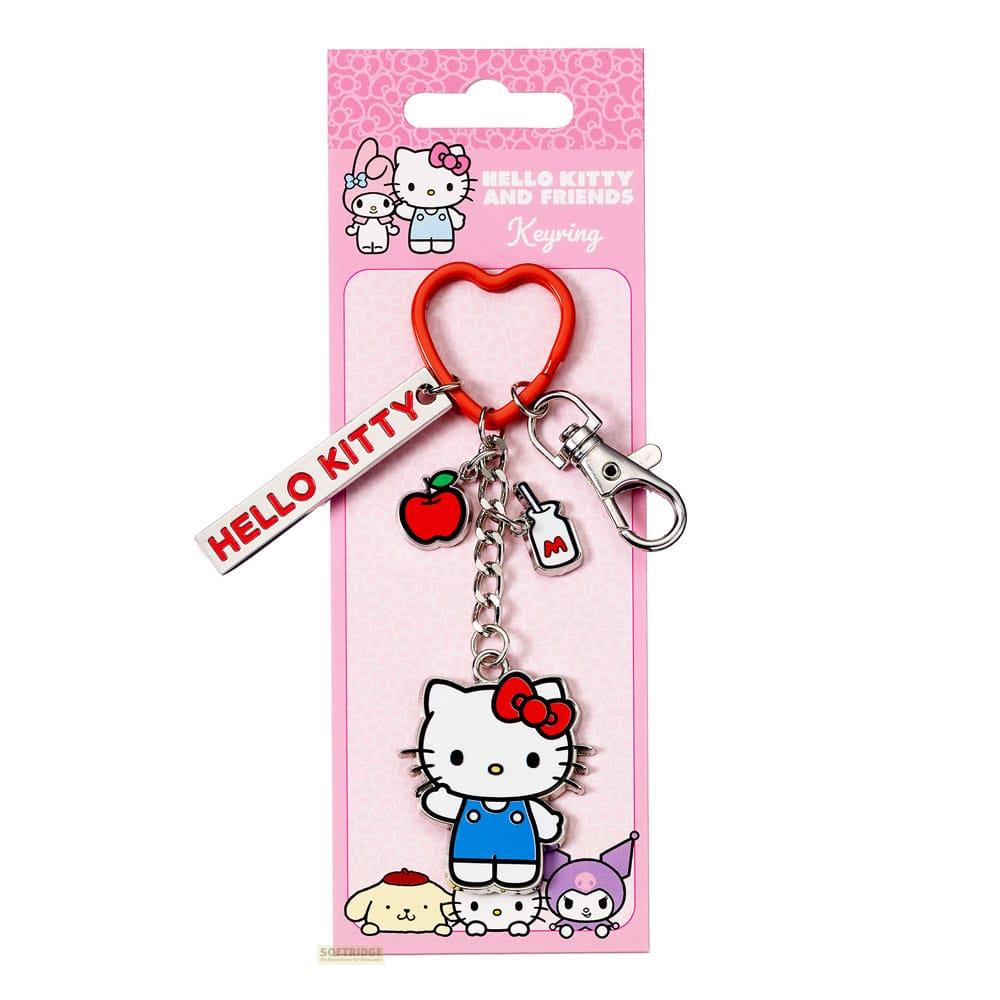 Schlüsselanhänger mit Hello Kitty, rotem Apfel und kleinem M-Anhänger.