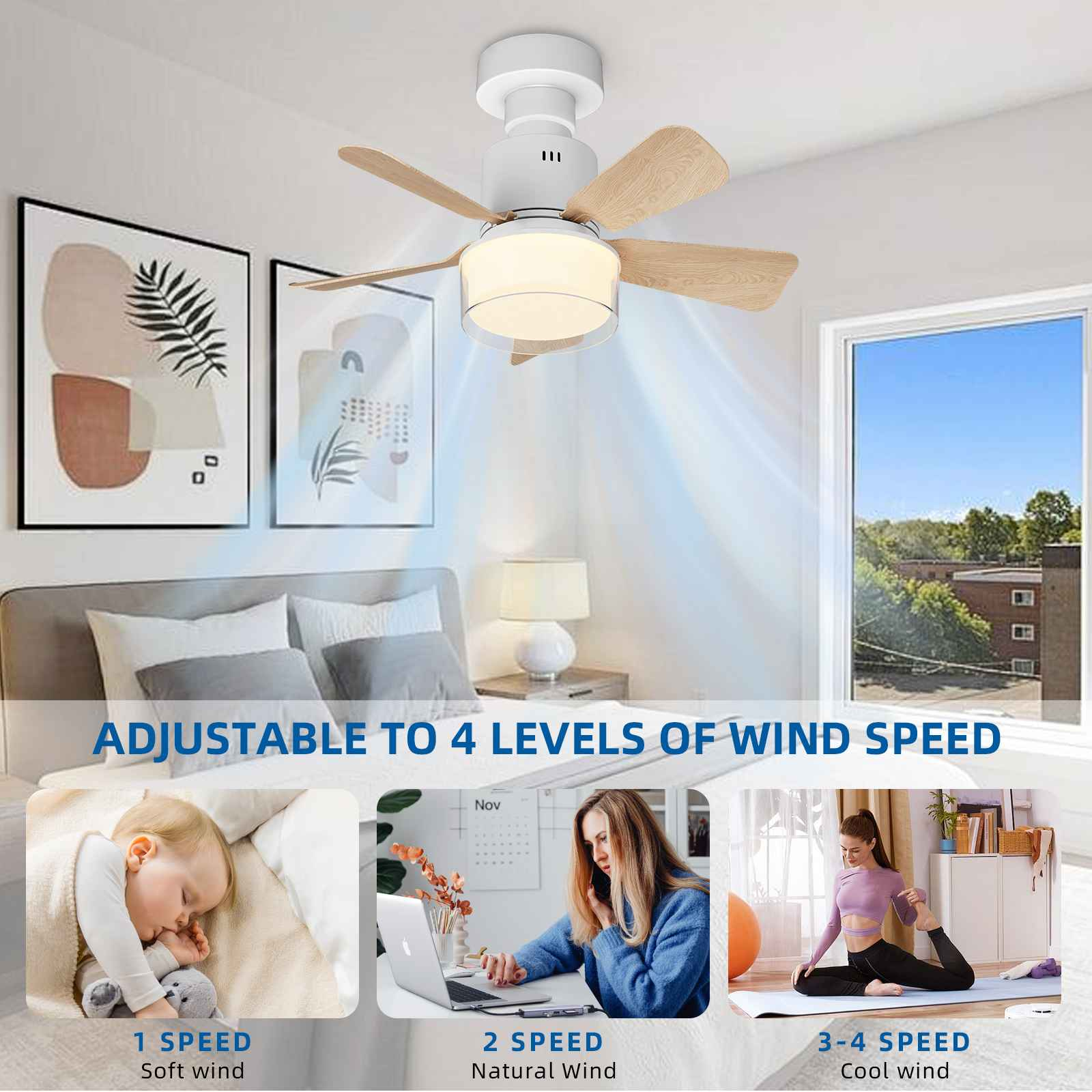 Deckenventilator mit Licht über einem Bett, mit drei kleinen Bildern.