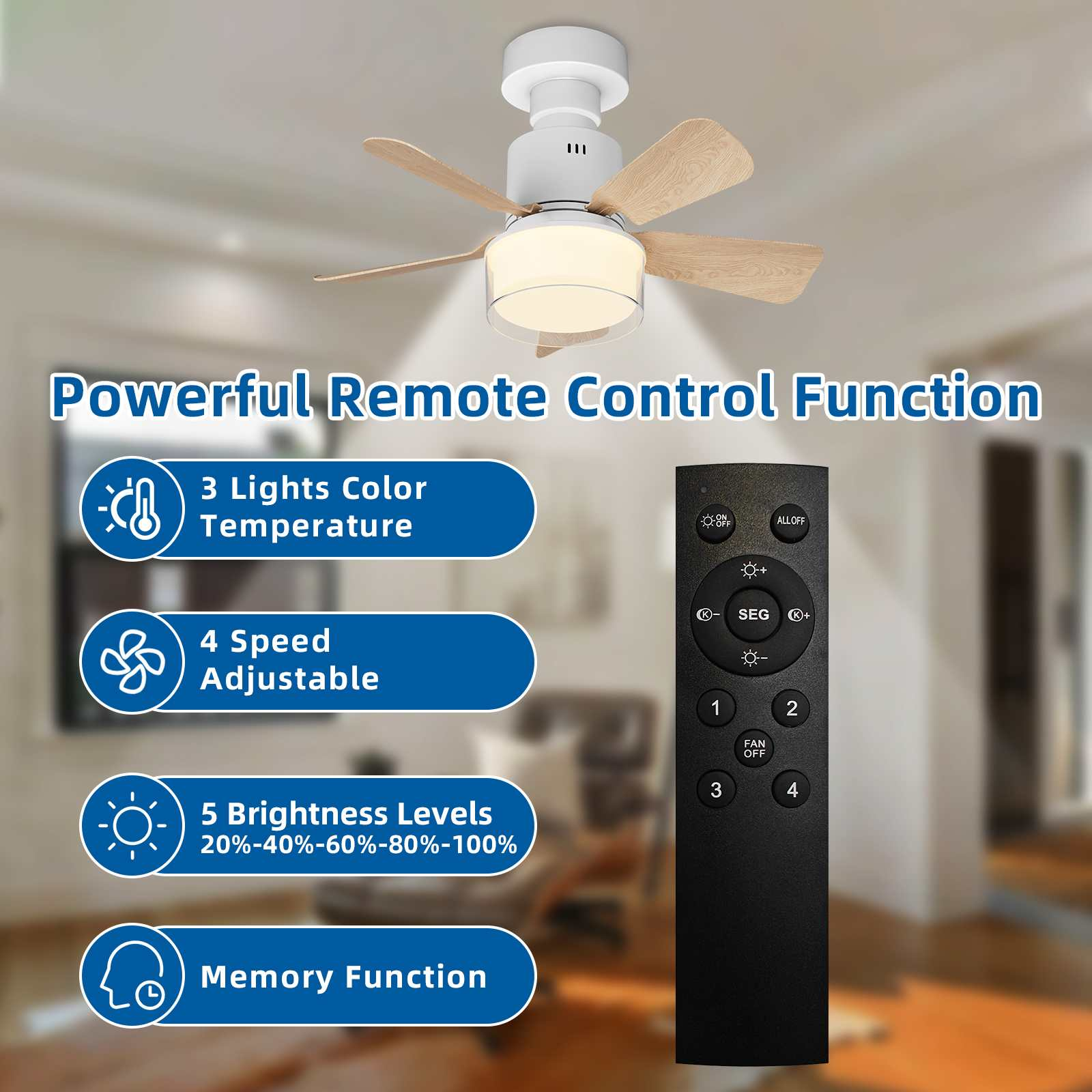 Deckenventilator mit Licht und Fernbedienung, 3 Lichtfarben, 4 Geschwindigkeiten.