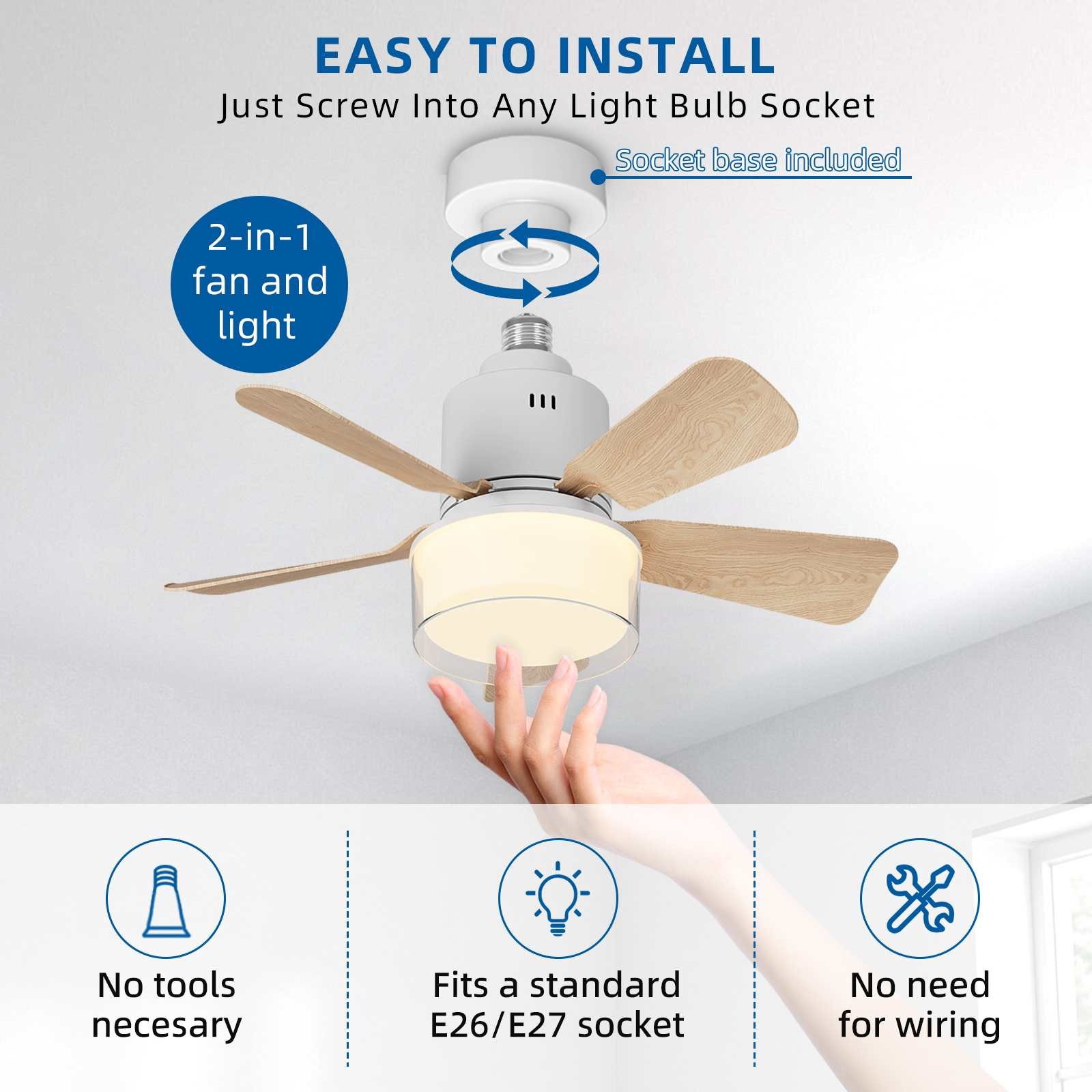 Ein weißer Deckenventilator mit Licht wird in eine Lampenfassung geschraubt.