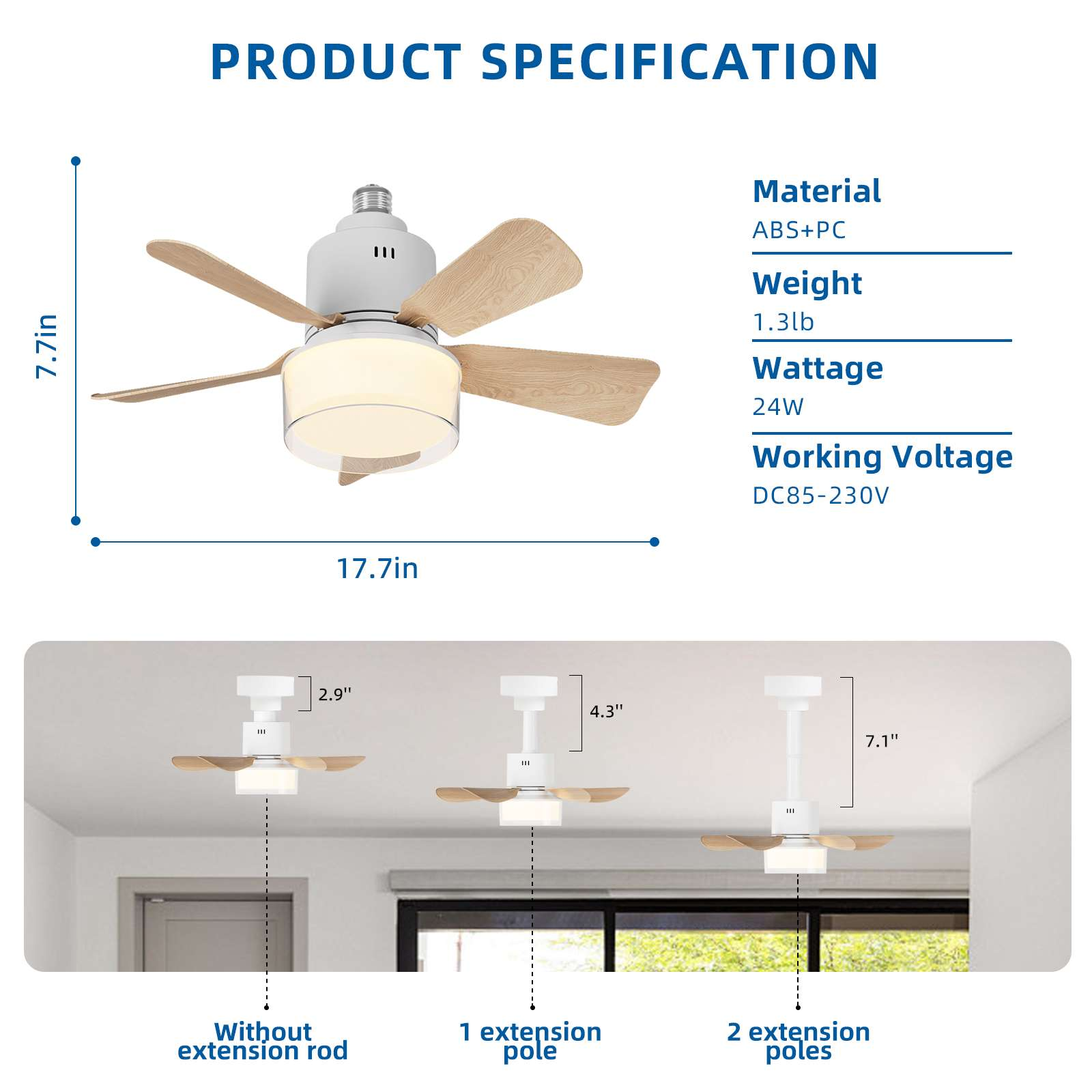 Deckenventilator mit Licht und Holzflügeln, Maße und Spezifikationen.