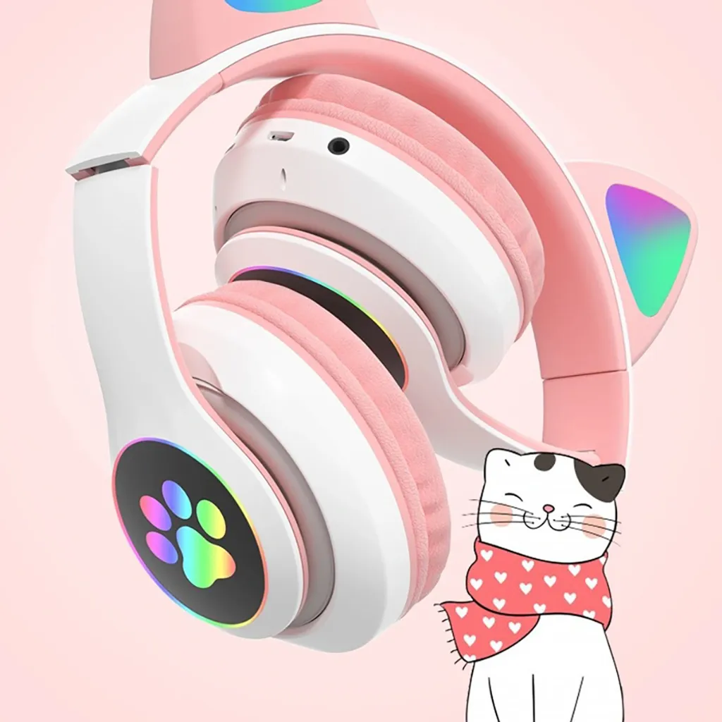 Ein rosa Kopfhörer mit Katzenohren und einem leuchtenden Pfotenabdruck.