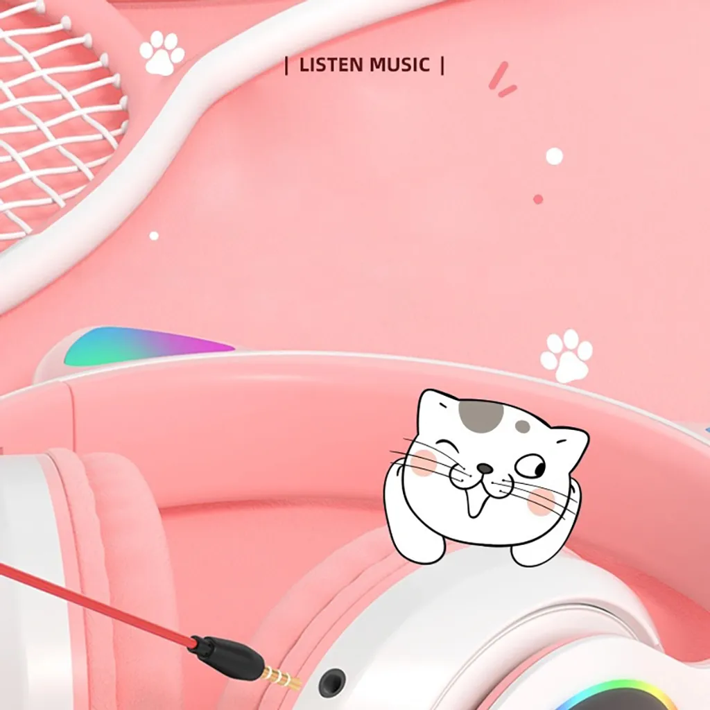 Ein rosa Headset mit einem niedlichen Cartoon-Kätzchen und der Aufschrift "LISTEN MUSIC".