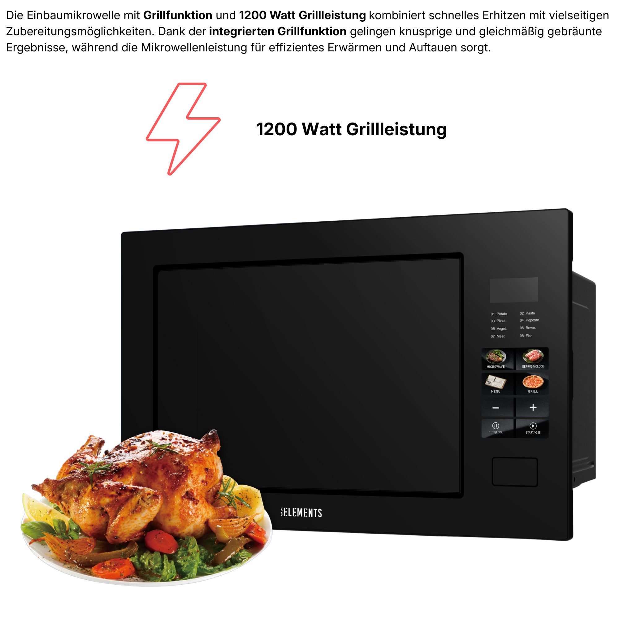 Einbau-Mikrowelle mit Grillfunktion und 1200W Grillleistung, daneben ein Brathähnchen.