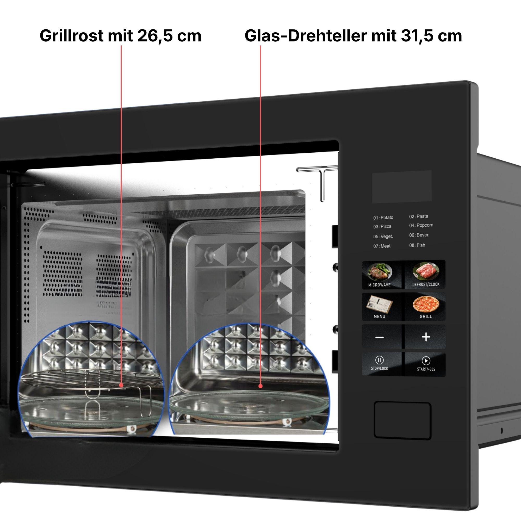 Ein schwarzes Mikrowellengerät mit geöffneter Tür, die einen Grillrost und einen Glasdrehteller zeigt.