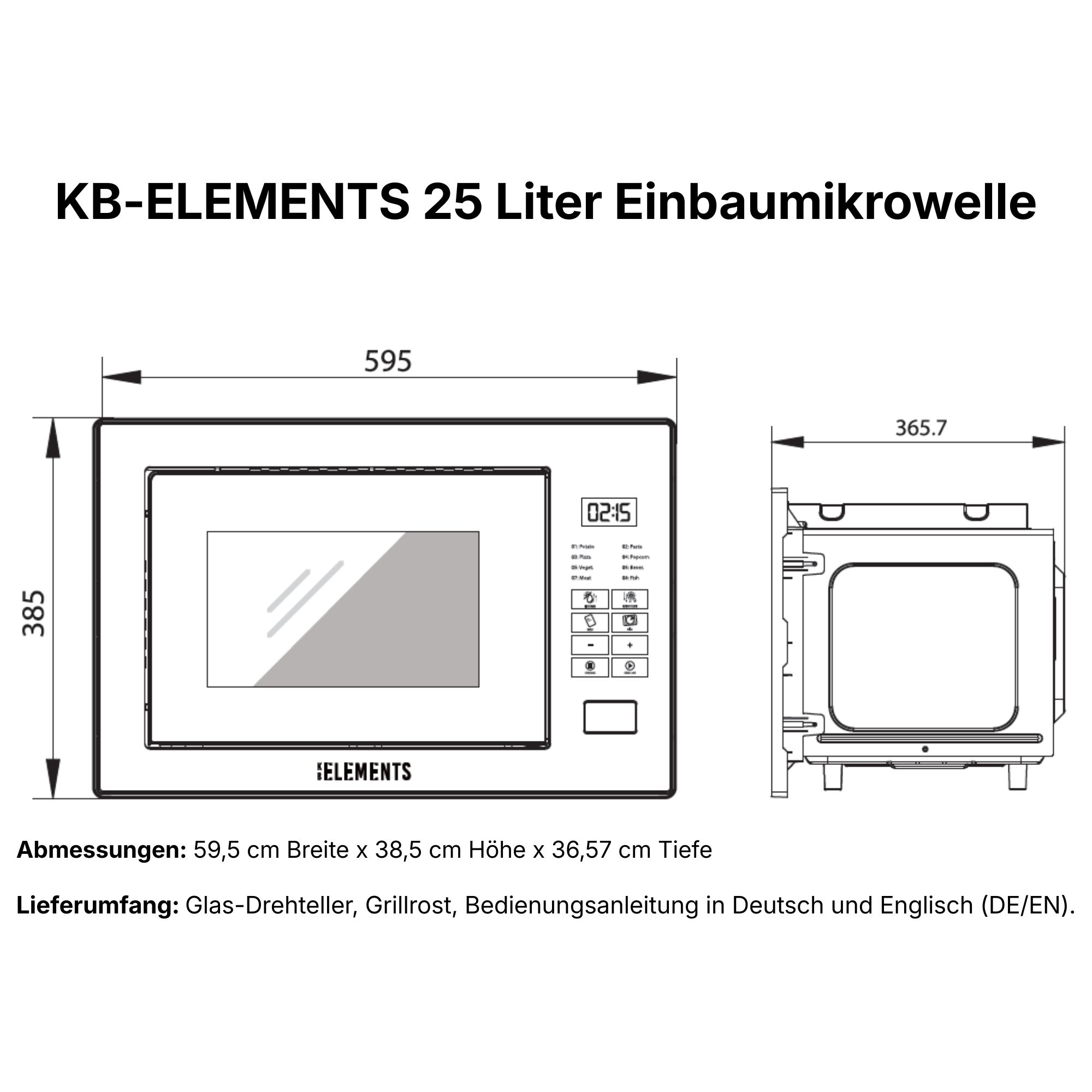 Technische Zeichnung einer Einbaumikrowelle mit Maßen und Bedienelementen.