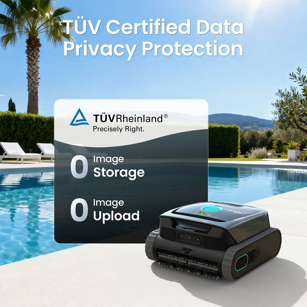 Ein Poolroboter steht am Pool. Text: TÜV Certified Data Privacy Protection.