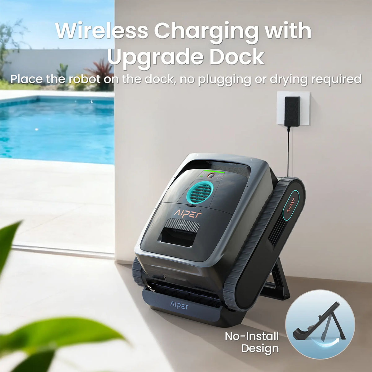 Ein schwarzer Poolroboter steht auf einer Ladestation neben einem Pool.