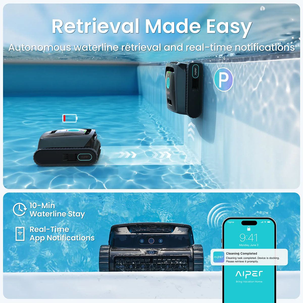Ein Poolroboter im Wasser und eine Benachrichtigung auf dem Handy.