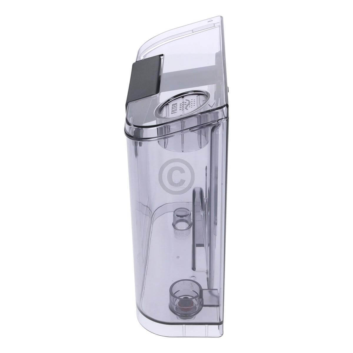 Transparenter Wassertank mit grauem Griff und C-Logo.