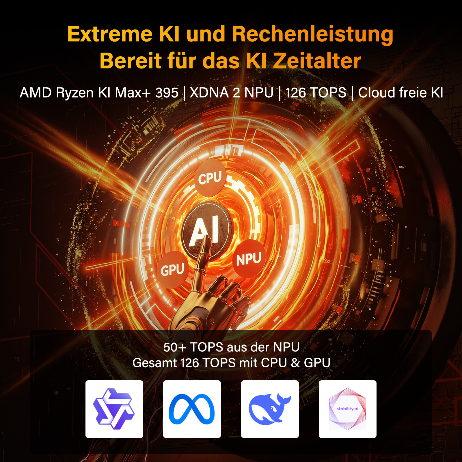 Grafik zeigt KI-Chip mit CPU, GPU, NPU. Text: Extreme KI-Leistung für das KI-Zeitalter.