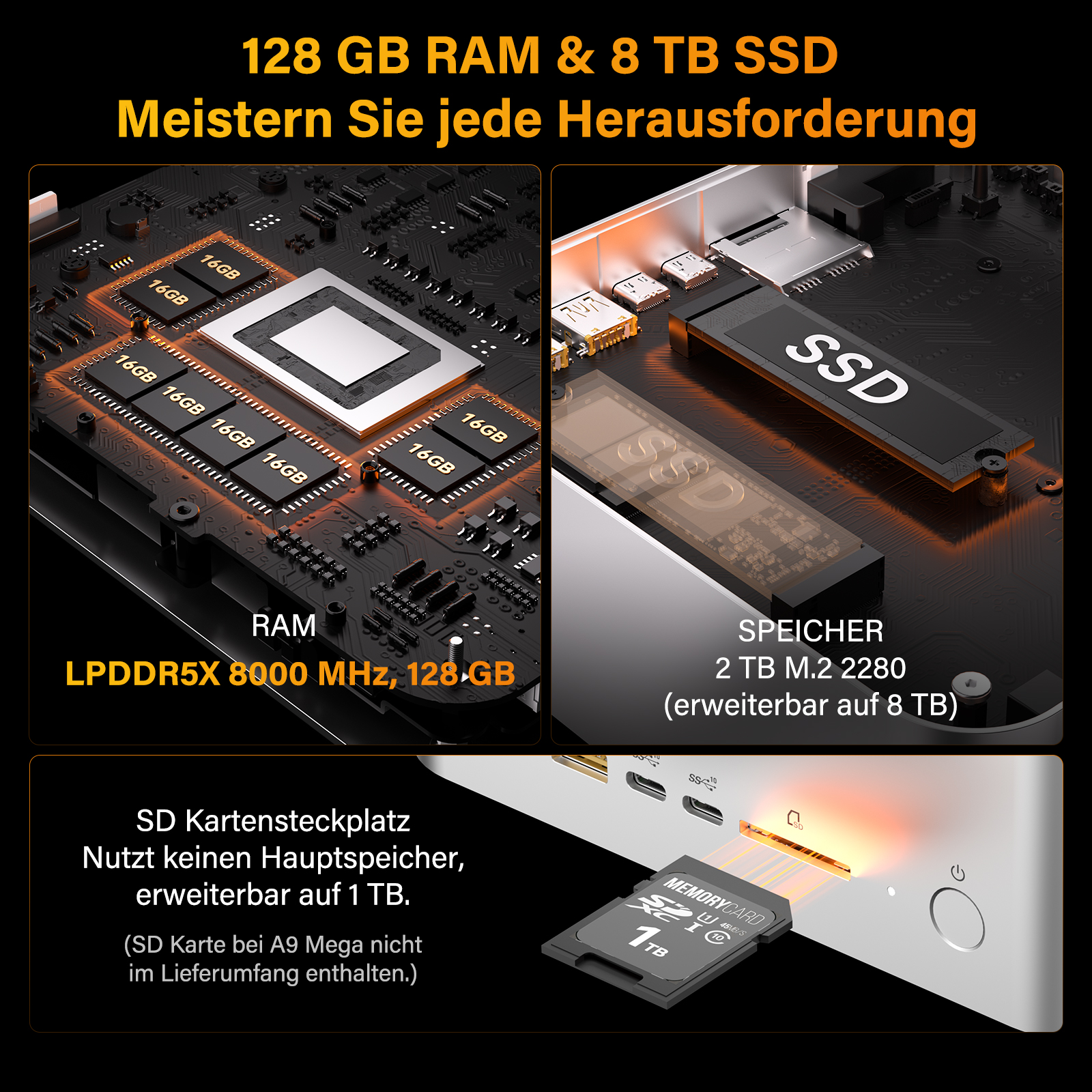 Ein Bild zeigt eine Computerplatine mit RAM-Modulen und einer SSD.