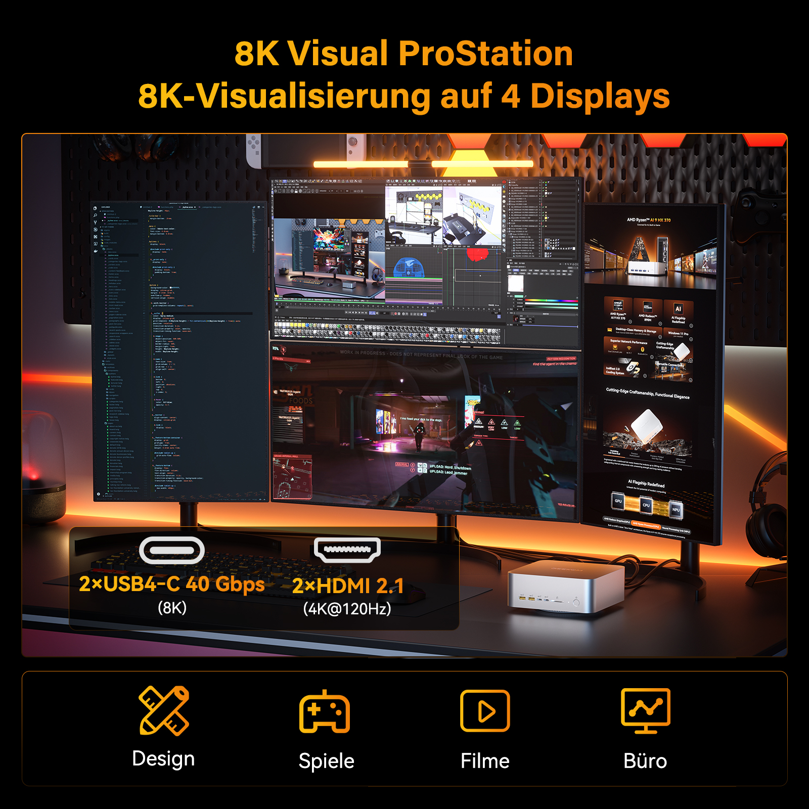 Ein Schreibtisch mit drei 8K-Monitoren, Tastatur, kleinem PC und Kopfhörern.