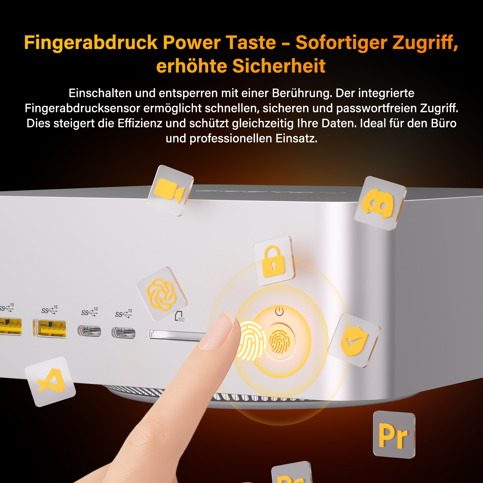 Ein Finger berührt einen Fingerabdrucksensor. Icons zeigen Sicherheit und Apps.