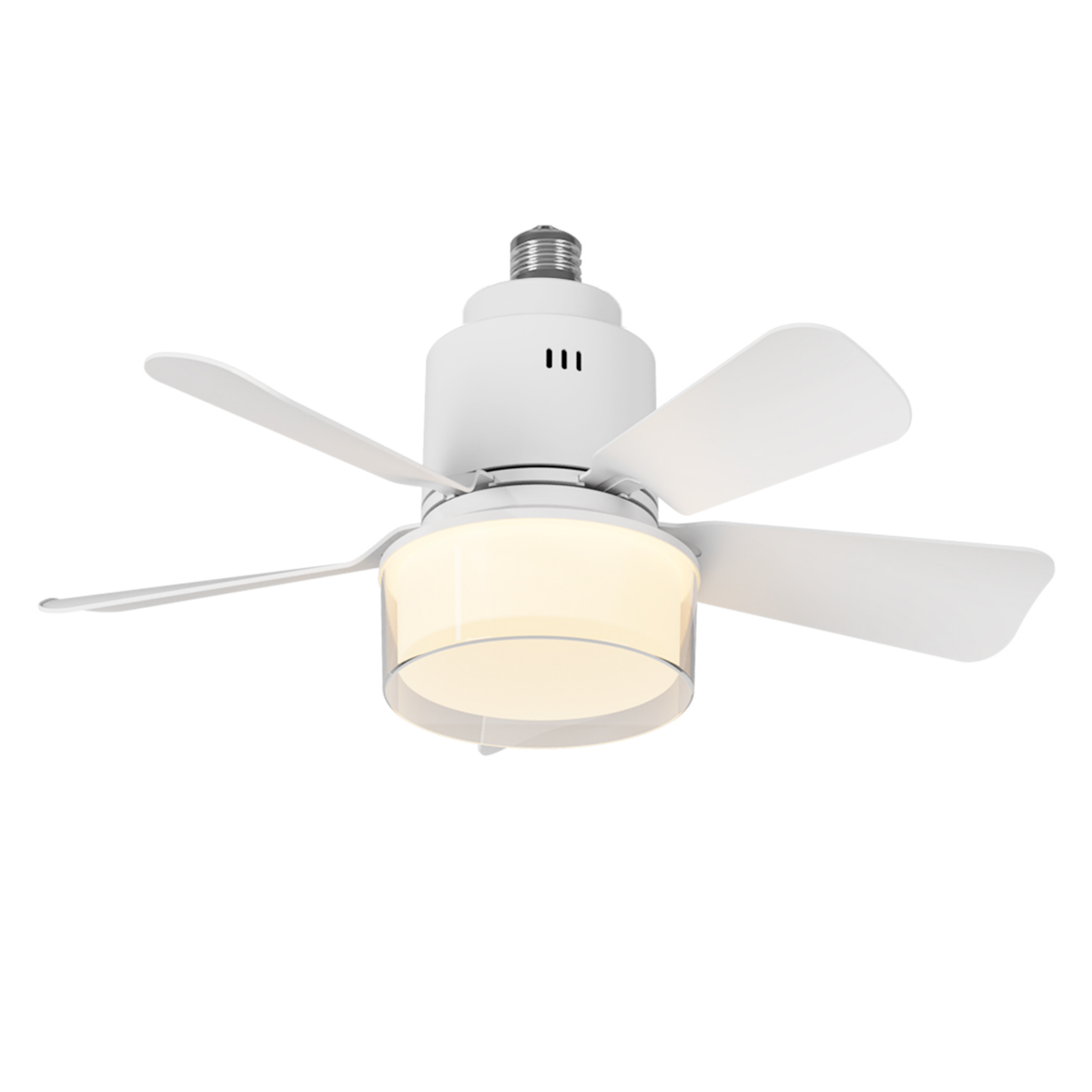 Weißer Deckenventilator mit Licht, fünf Flügeln und einem klaren Glasschirm.