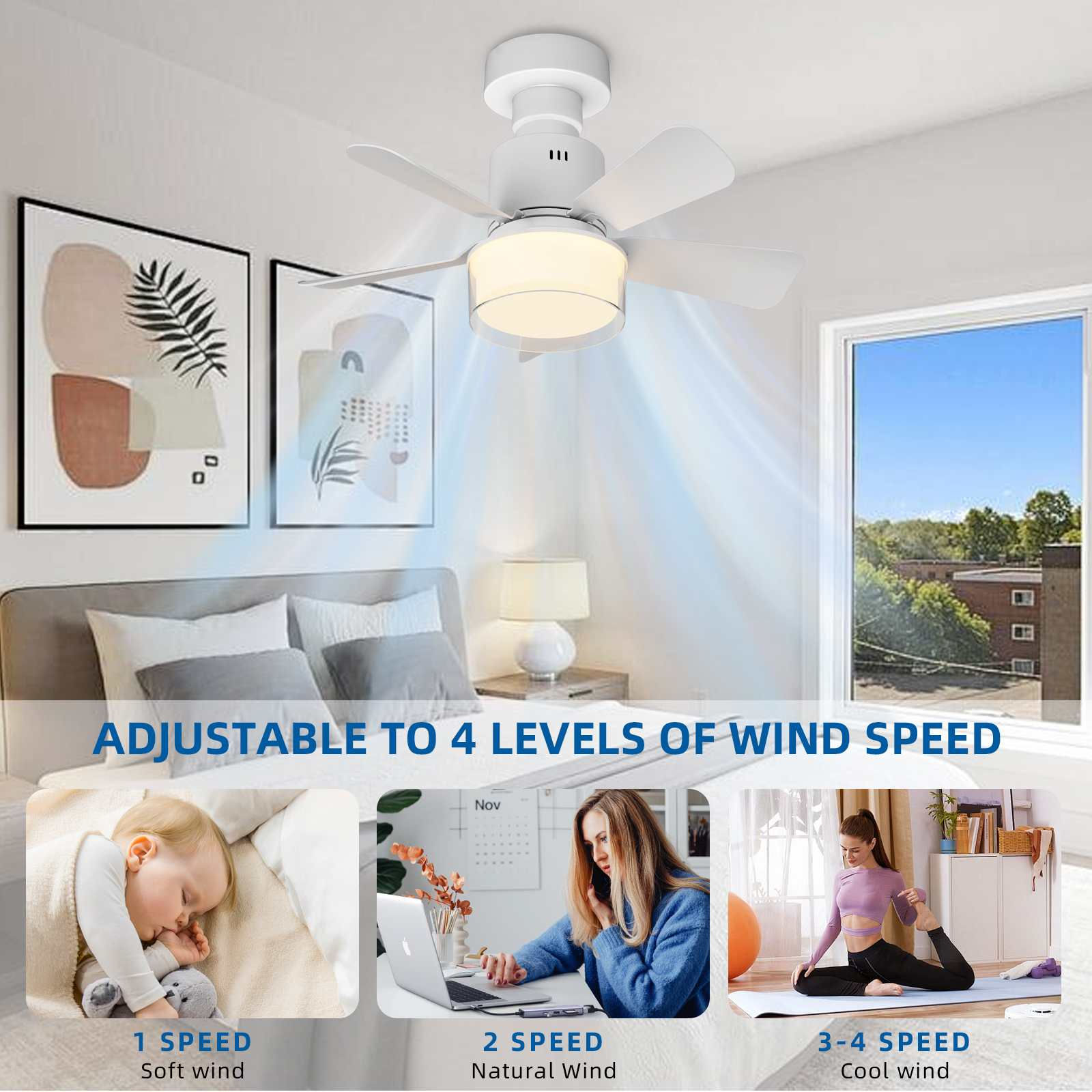 Ein weißer Deckenventilator mit Licht über einem Bett. Drei Szenen zeigen einen schlafenden Säugling, eine Frau am Laptop und eine Frau beim Yoga.
